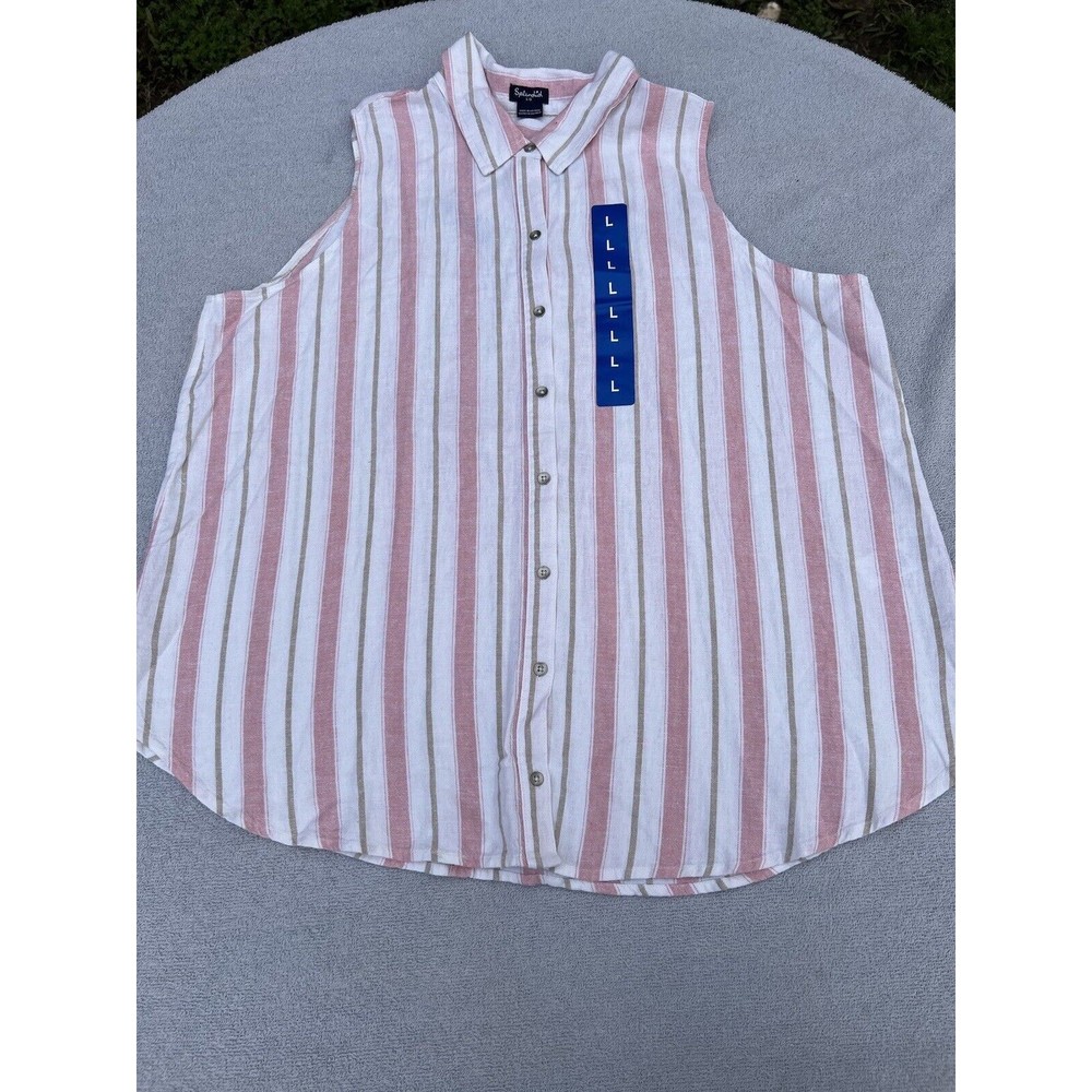 Splendid Stripe Top Women's Large Cream Pink Tan Sleeveless Rayon Button Top New
